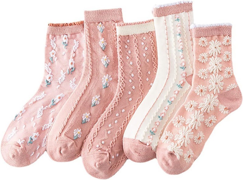 MarJunSep Cute Floral Crew Socks for Women Teen Girls Flower Cottagecore Frilly Vintage Fancy Cotton Socks - Image 1